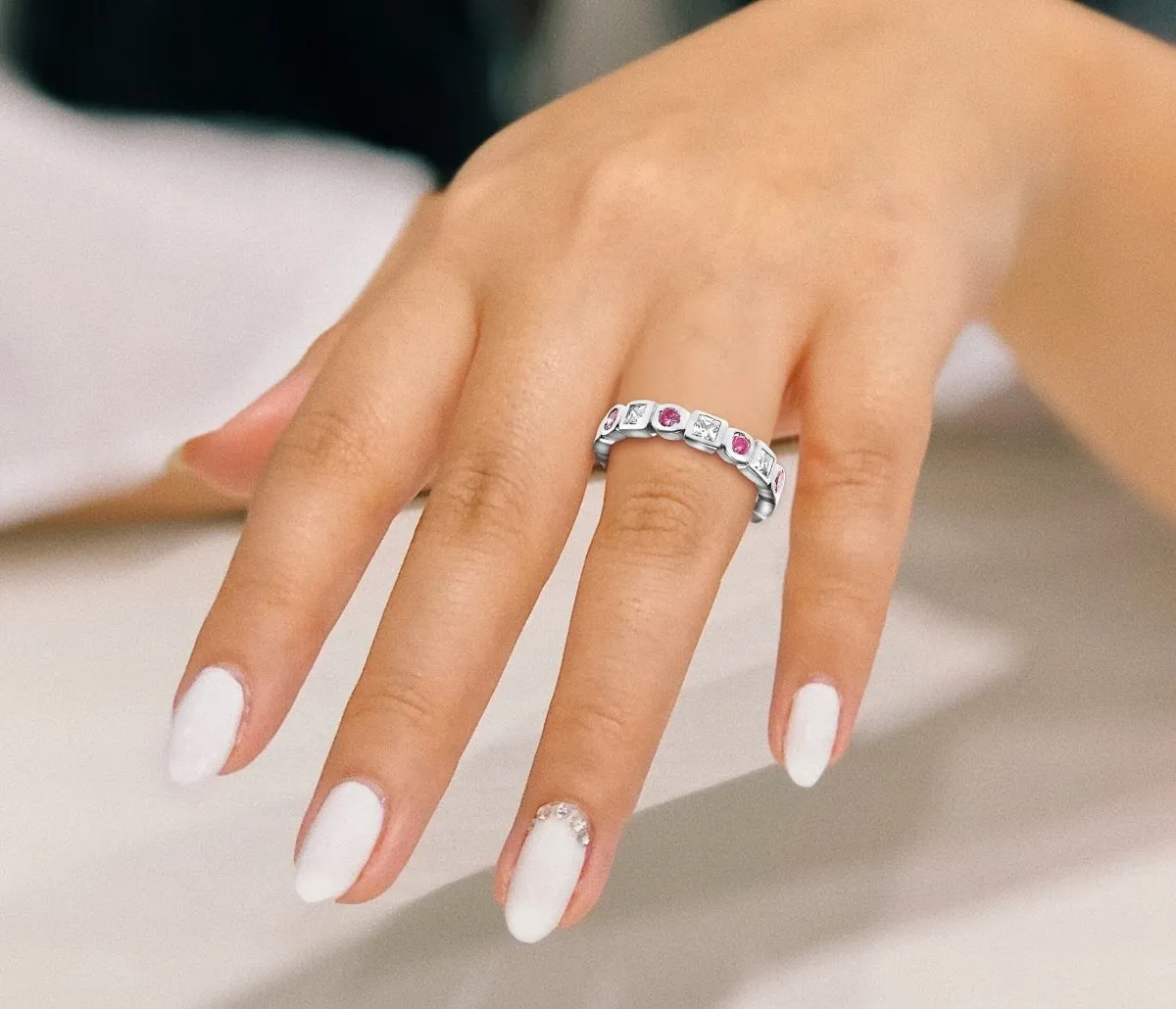 1.65 CT Round & Princess Cut Pink Sapphires & Diamonds - Eternity Ring