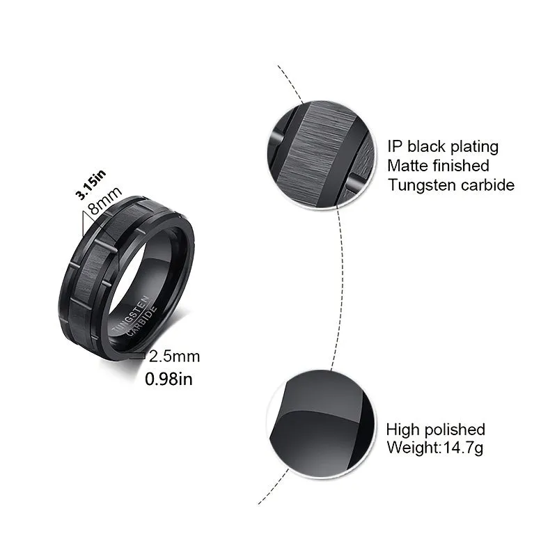 8MM Black Tungsten Rings For Men Wedding Band Brick Pattern Brushed Engagement Promise Size 6-12