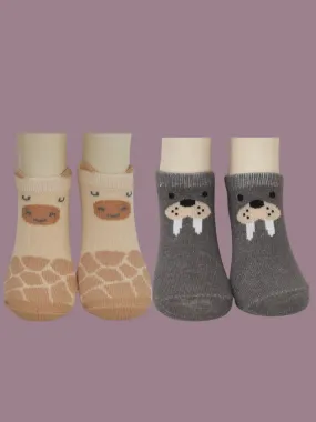 Adorable Giraffe and Walrus Combo Socks For Boys- Beige & Grey