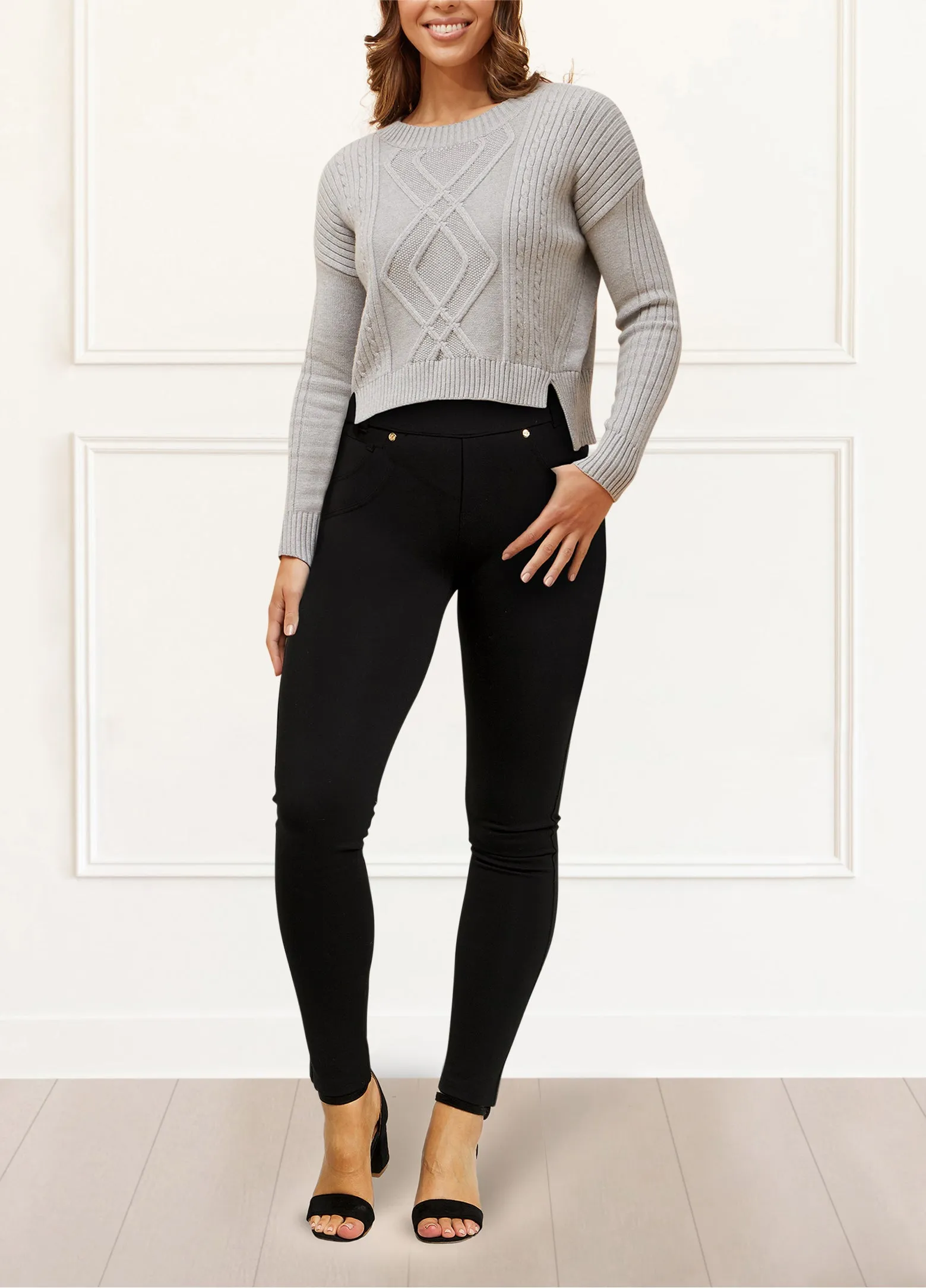 Bernadette Cable Knit Cropped Sweater Round Neck Long Sleeve Cozy
