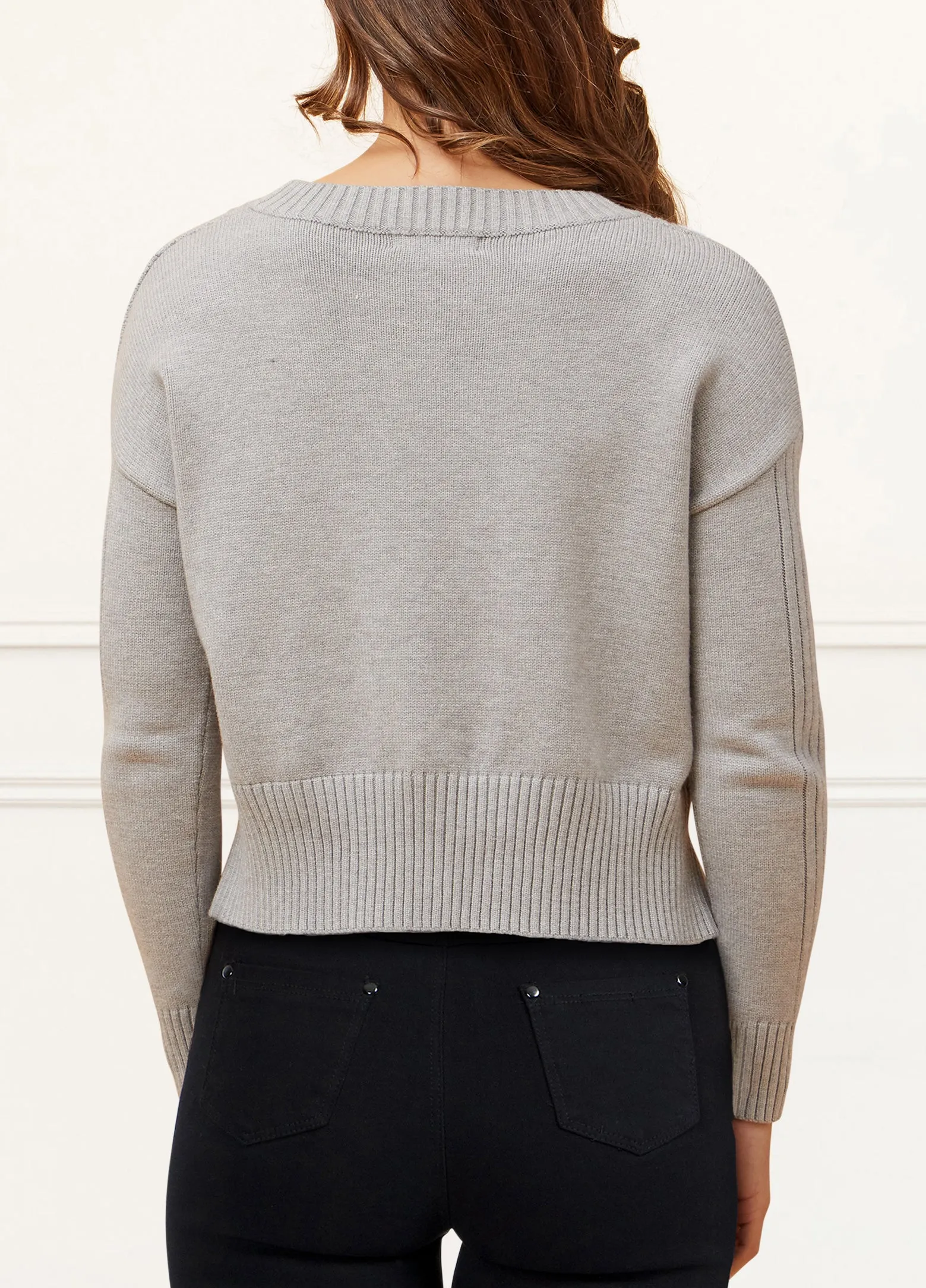Bernadette Cable Knit Cropped Sweater Round Neck Long Sleeve Cozy
