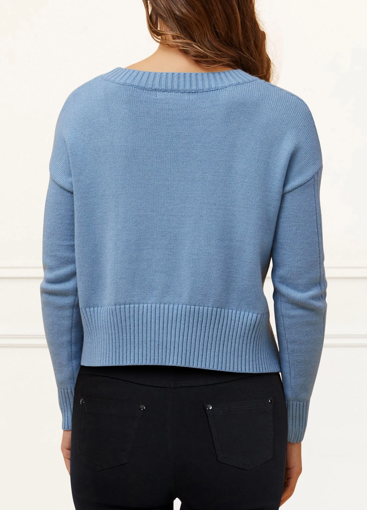 Bernadette Cable Knit Cropped Sweater Round Neck Long Sleeve Cozy