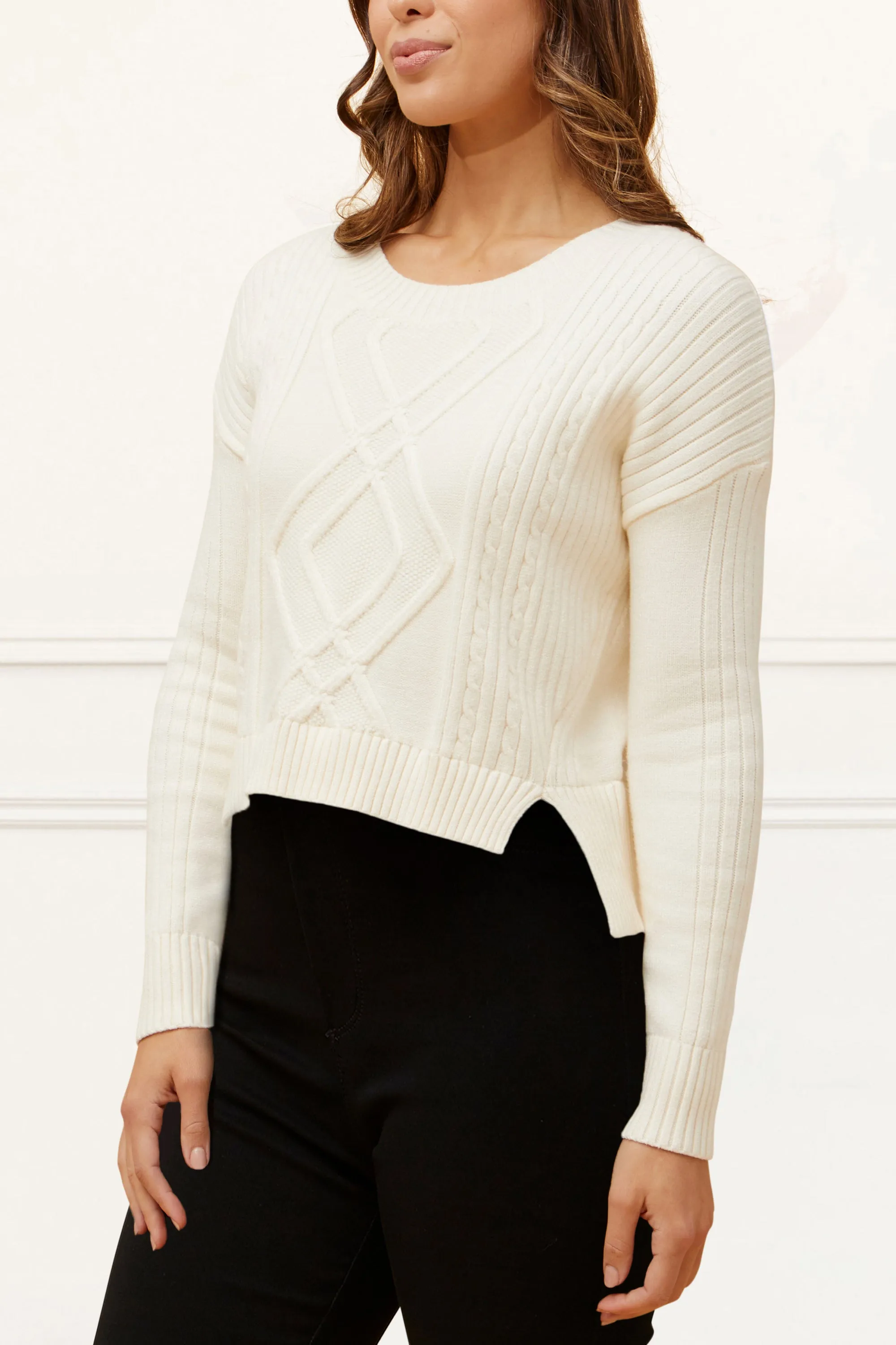 Bernadette Cable Knit Cropped Sweater Round Neck Long Sleeve Cozy