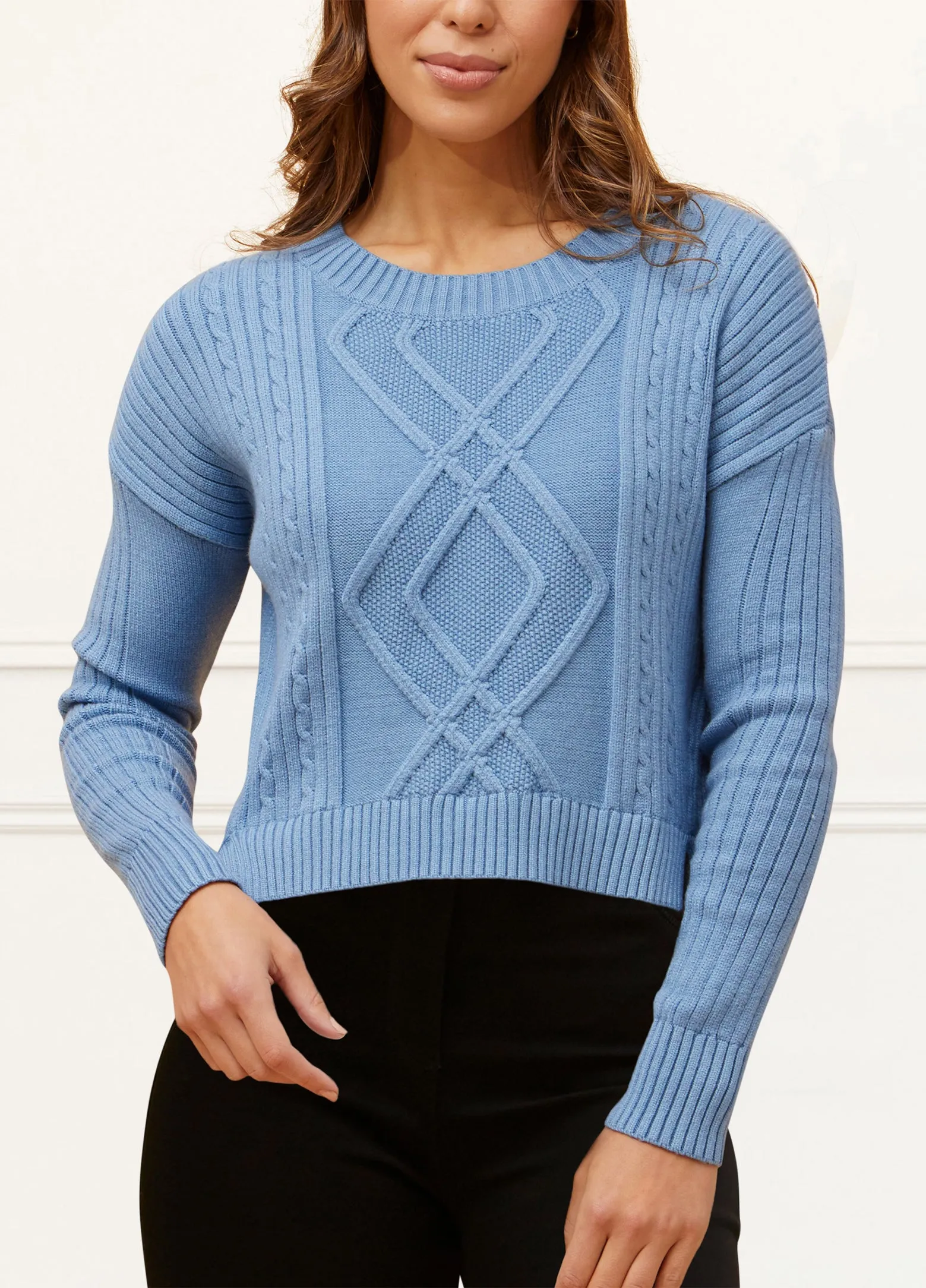 Bernadette Cable Knit Cropped Sweater Round Neck Long Sleeve Cozy