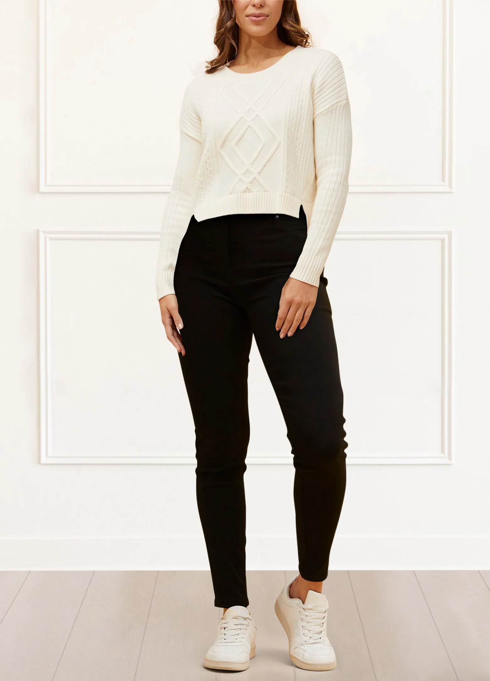 Bernadette Cable Knit Cropped Sweater Round Neck Long Sleeve Cozy