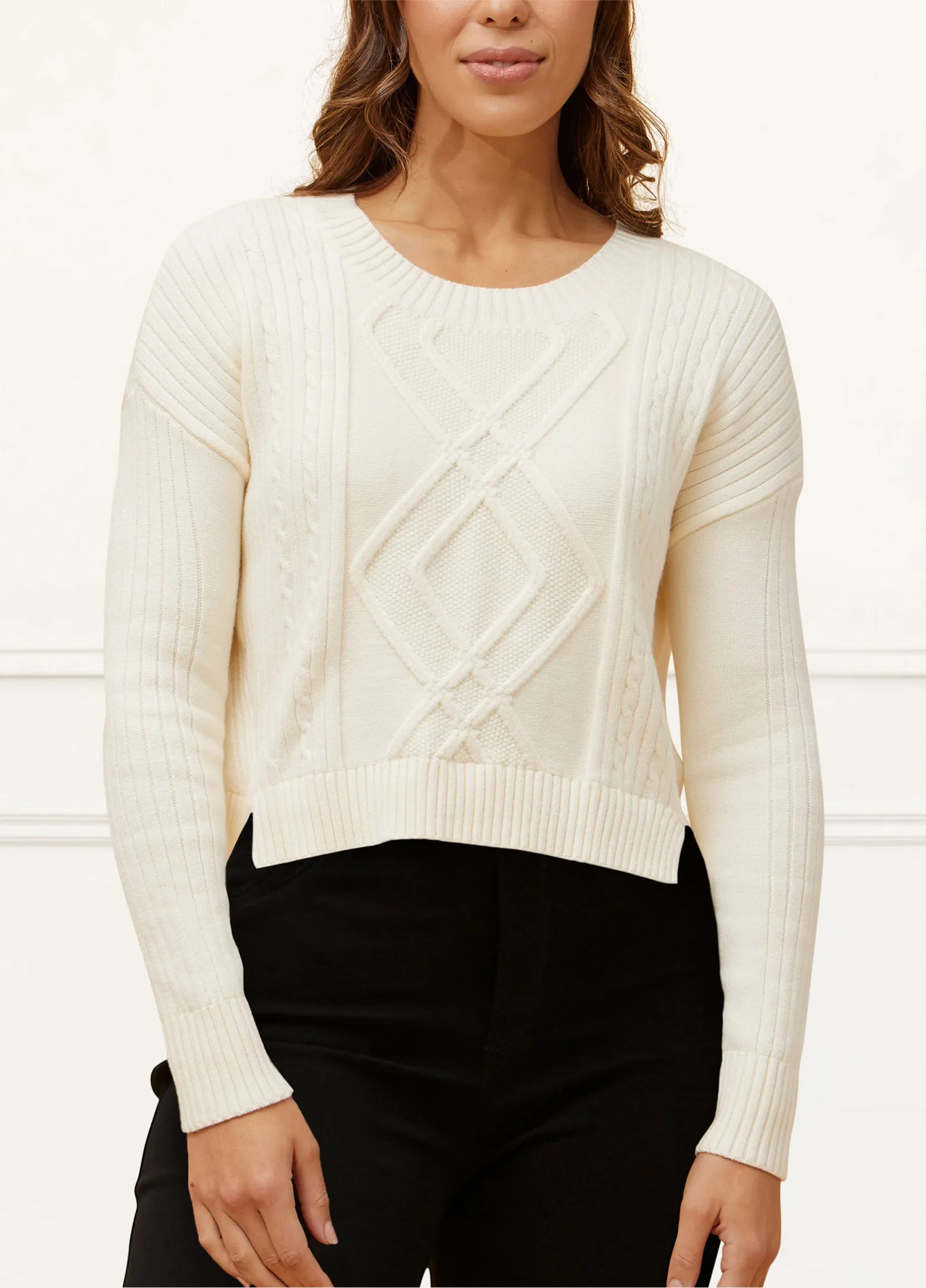 Bernadette Cable Knit Cropped Sweater Round Neck Long Sleeve Cozy