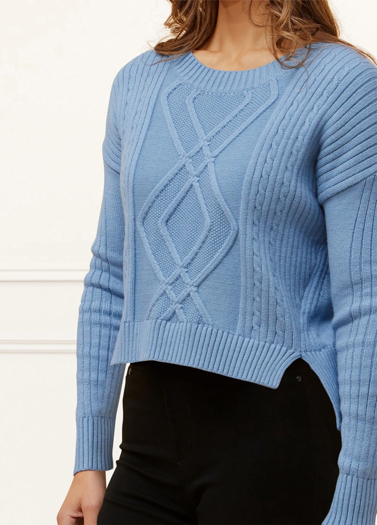 Bernadette Cable Knit Cropped Sweater Round Neck Long Sleeve Cozy
