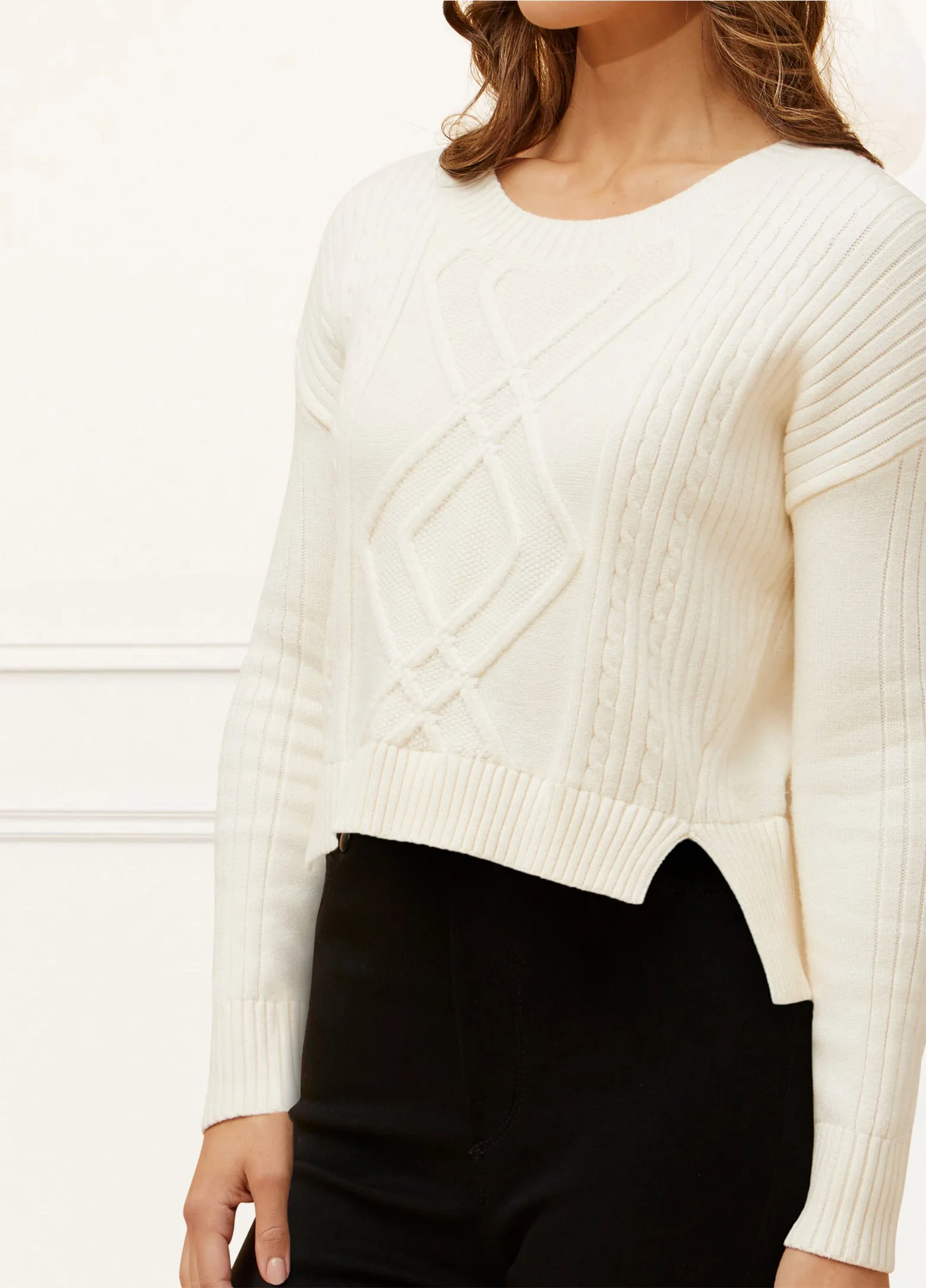 Bernadette Cable Knit Cropped Sweater Round Neck Long Sleeve Cozy