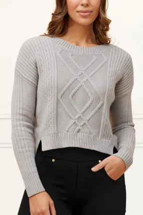 Bernadette Cable Knit Cropped Sweater Round Neck Long Sleeve Cozy