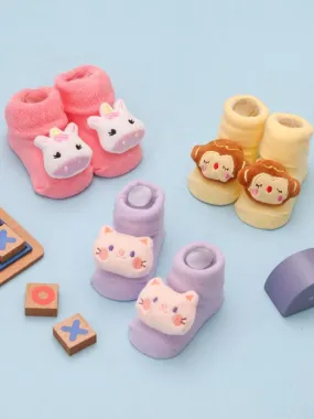 Charming Cotton Girls' Rattle Socks Trio- Playful Monkey, Kitty, and Unicorn