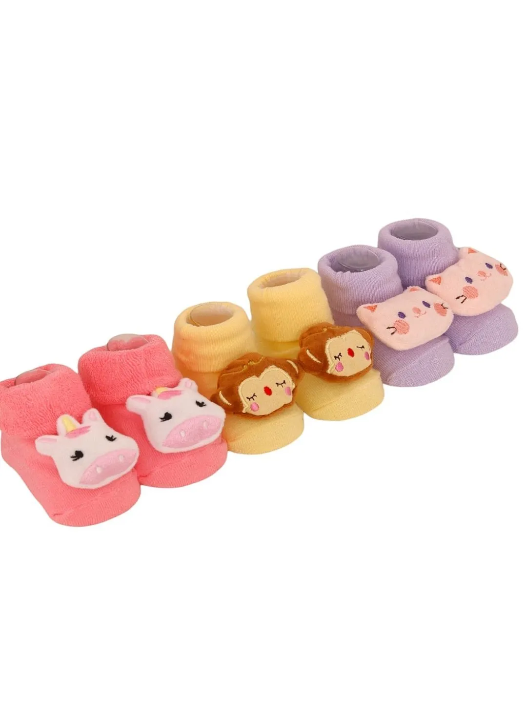 Charming Cotton Girls' Rattle Socks Trio- Playful Monkey, Kitty, and Unicorn