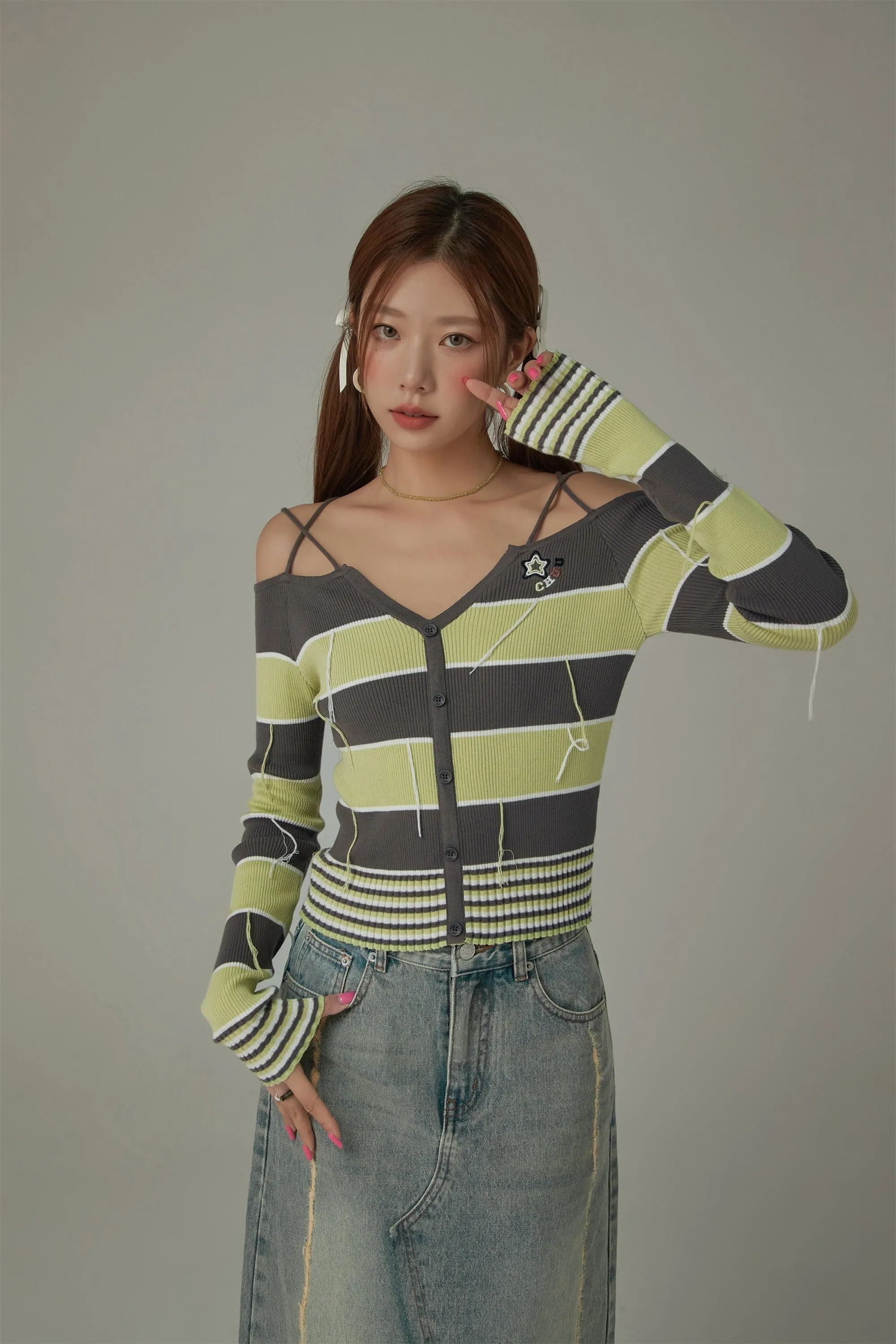 Color Combination Stripe Off The Shoulder Knit Sweater