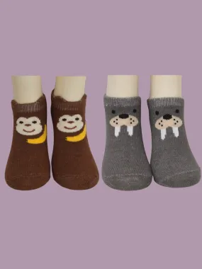 Cozy Walrus and Playful Monkey Socks Combo for Boys - Grey and Brown