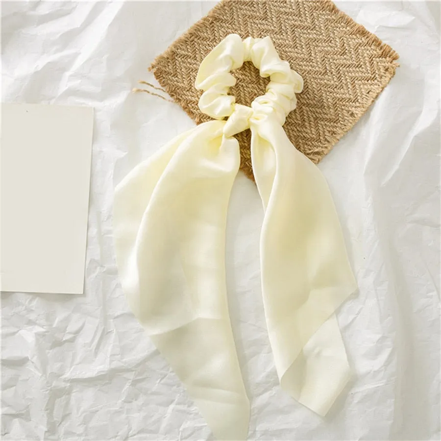 DIY Solid/Floral Print Bow Satin Long Ribbon Ponytail Scarf Hair Tie Scrunchies Women Girls Elastic Hair Bands Hair Accessories