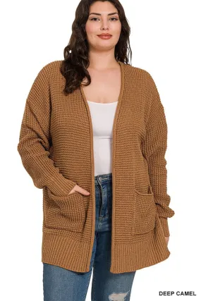 Find Your Roots Plus Deep Camel Waffle Knit Pocket Cardigan (Size 2X)