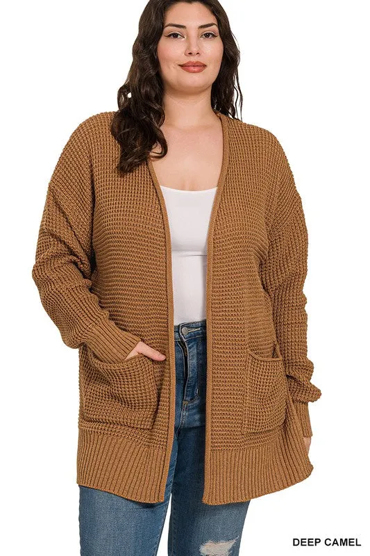 Find Your Roots Plus Deep Camel Waffle Knit Pocket Cardigan (Size 2X)