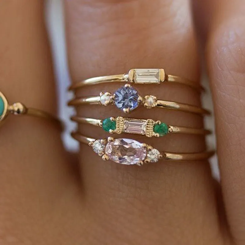 Geometric Gold Color Combination Round Zircon Crystal Rings Set