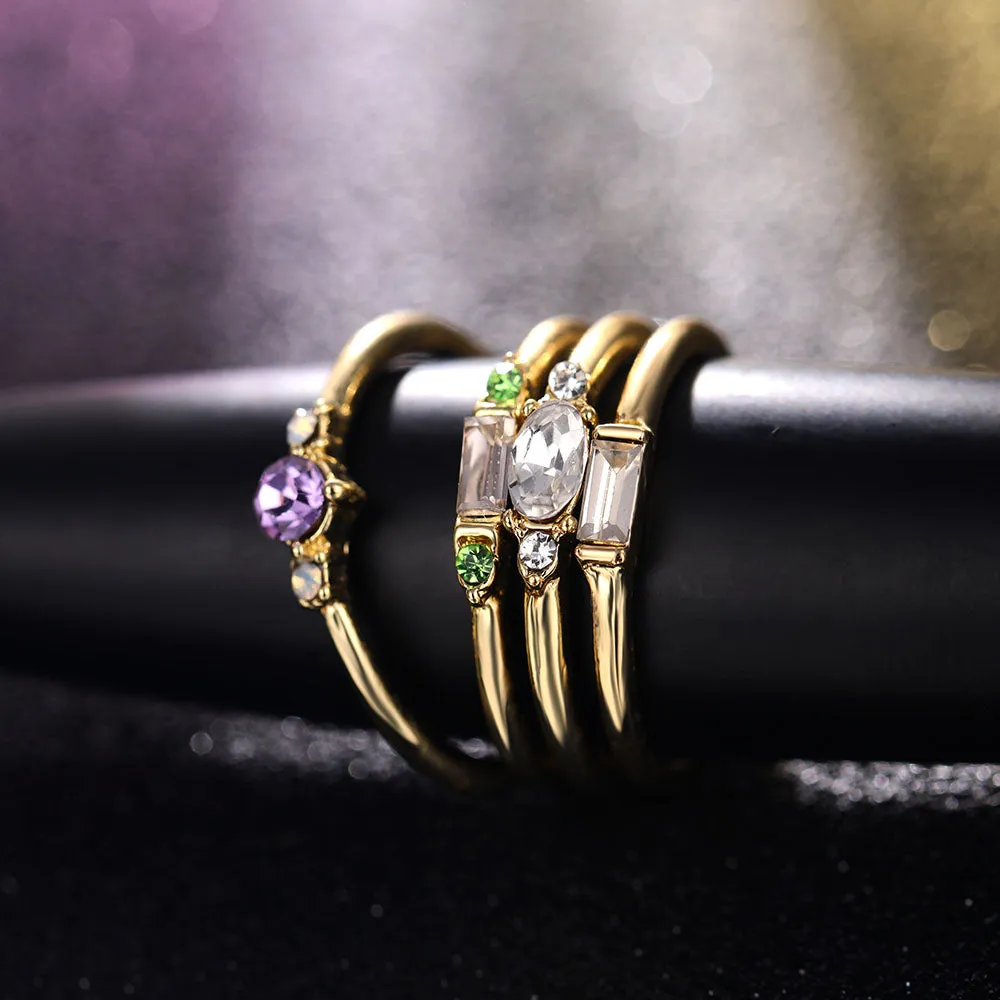 Geometric Gold Color Combination Round Zircon Crystal Rings Set