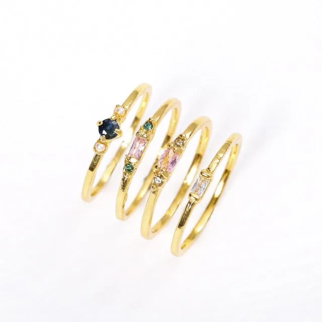 Geometric Gold Color Combination Round Zircon Crystal Rings Set