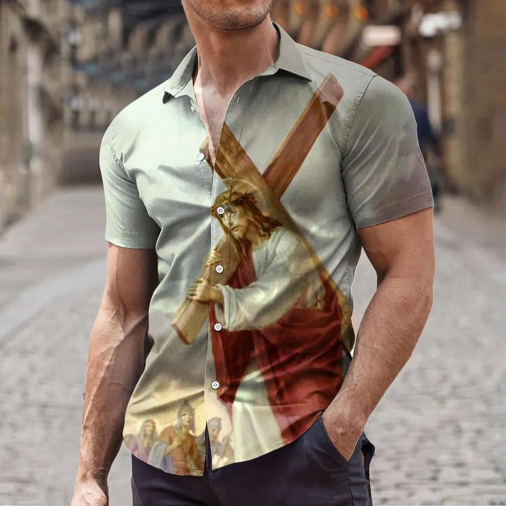 Jesus Christ Carrying The Cross Christian Hawaiian Shirt - Hawaiian Beach Shirts for Men Women