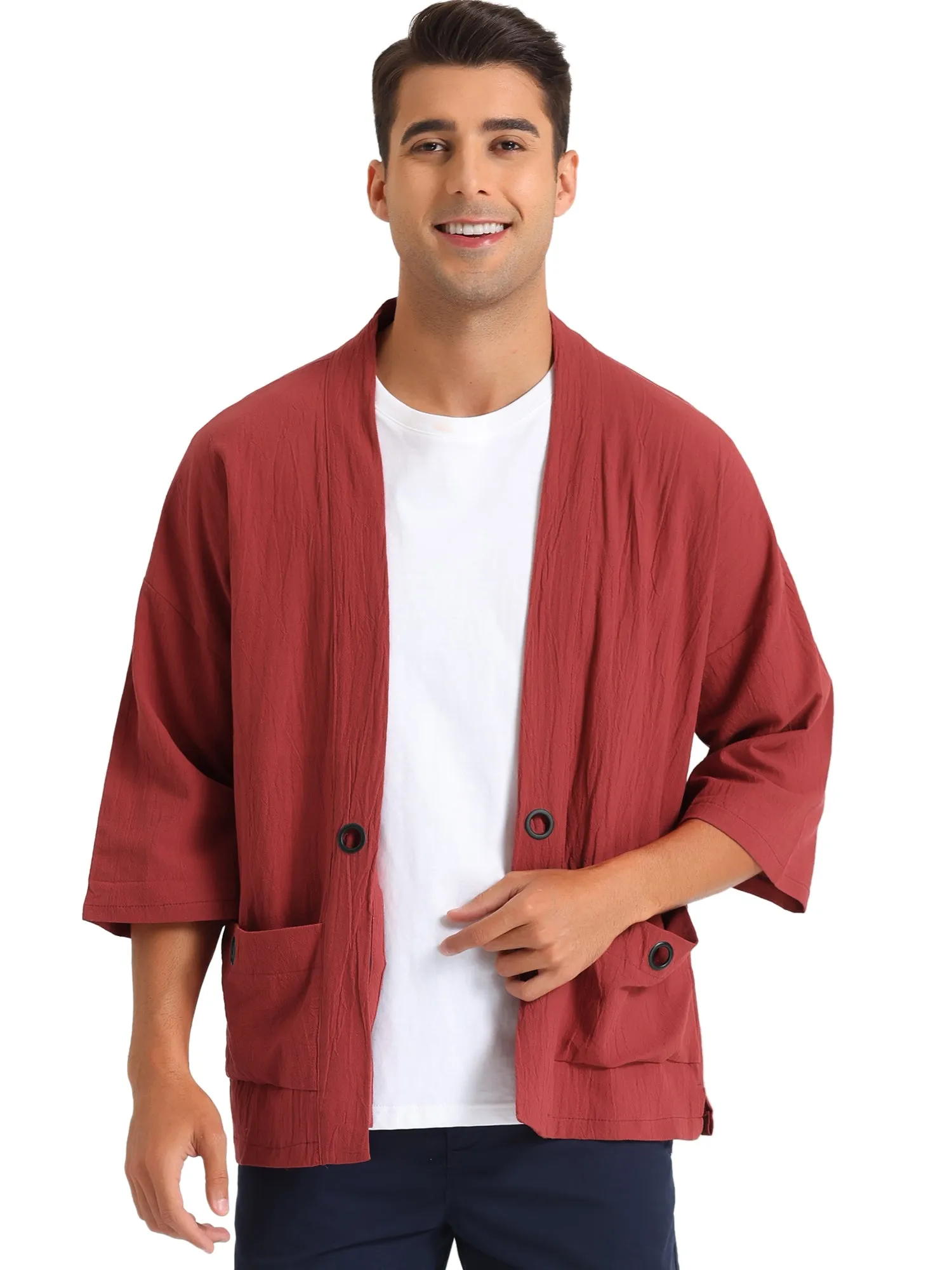 Kimono Jackets for Men's Lightweight Loose Fit 3/4 Sleeves Open Front Outwear Cardigan