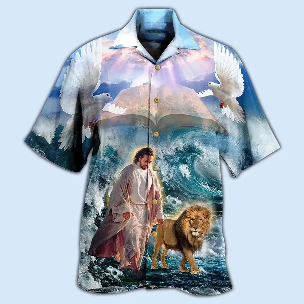 Lion And Jesus Walk On Water Christian Hawaiian Shirt - Christian Hawaiian Shirts For Men & Women