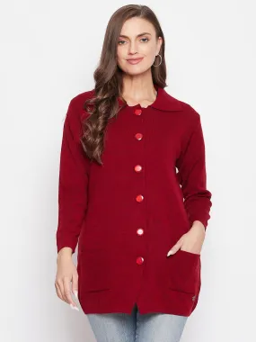 Livfree Women's Collar Neck Full Sleeves Solid Cardigan - Red