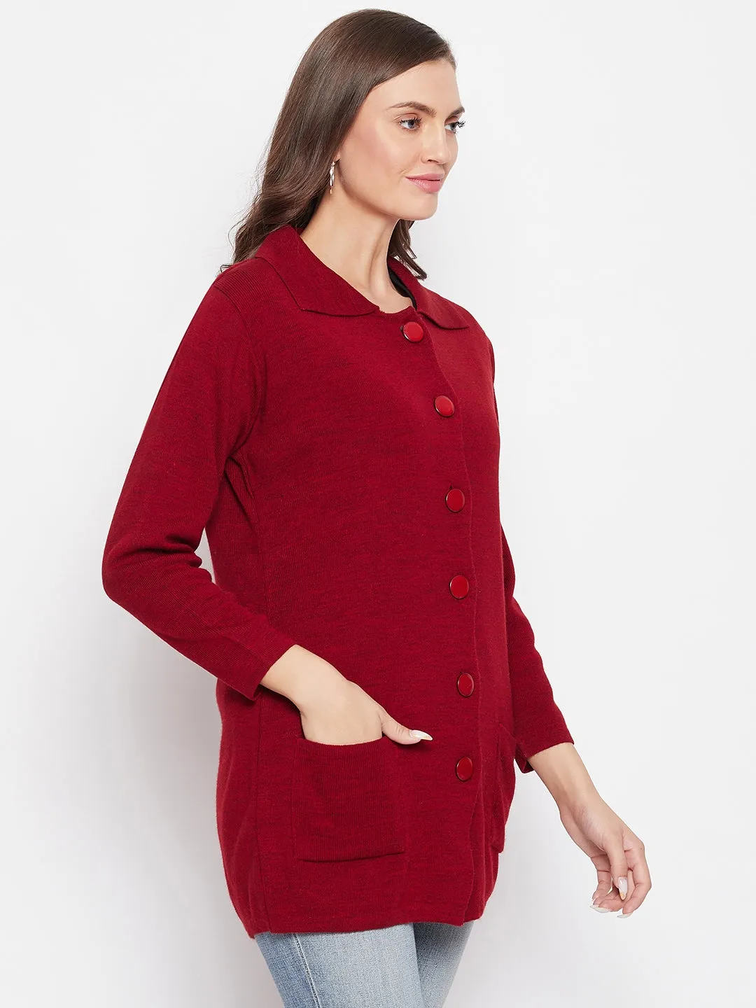 Livfree Women's Collar Neck Full Sleeves Solid Cardigan - Red