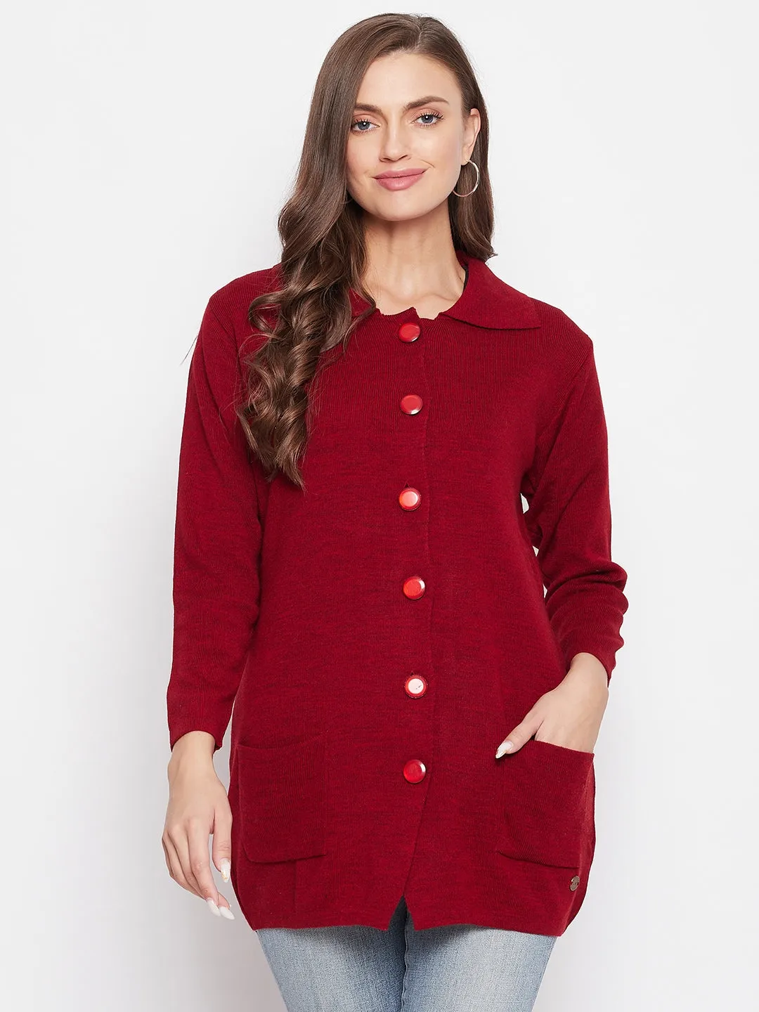 Livfree Women's Collar Neck Full Sleeves Solid Cardigan - Red