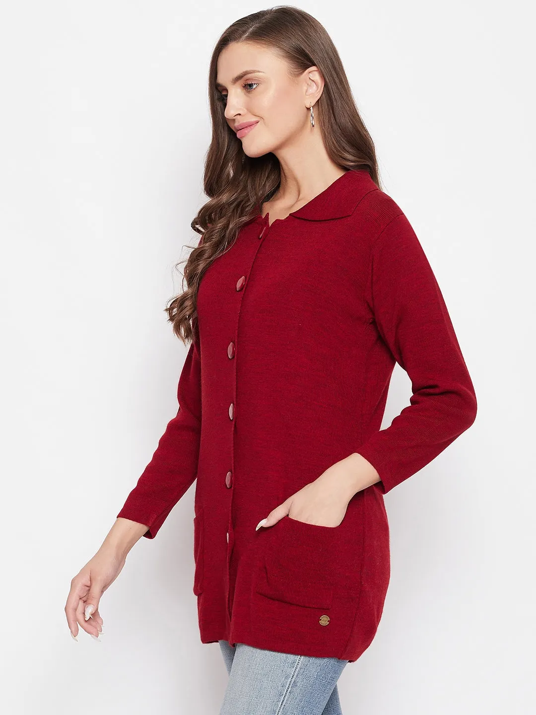 Livfree Women's Collar Neck Full Sleeves Solid Cardigan - Red