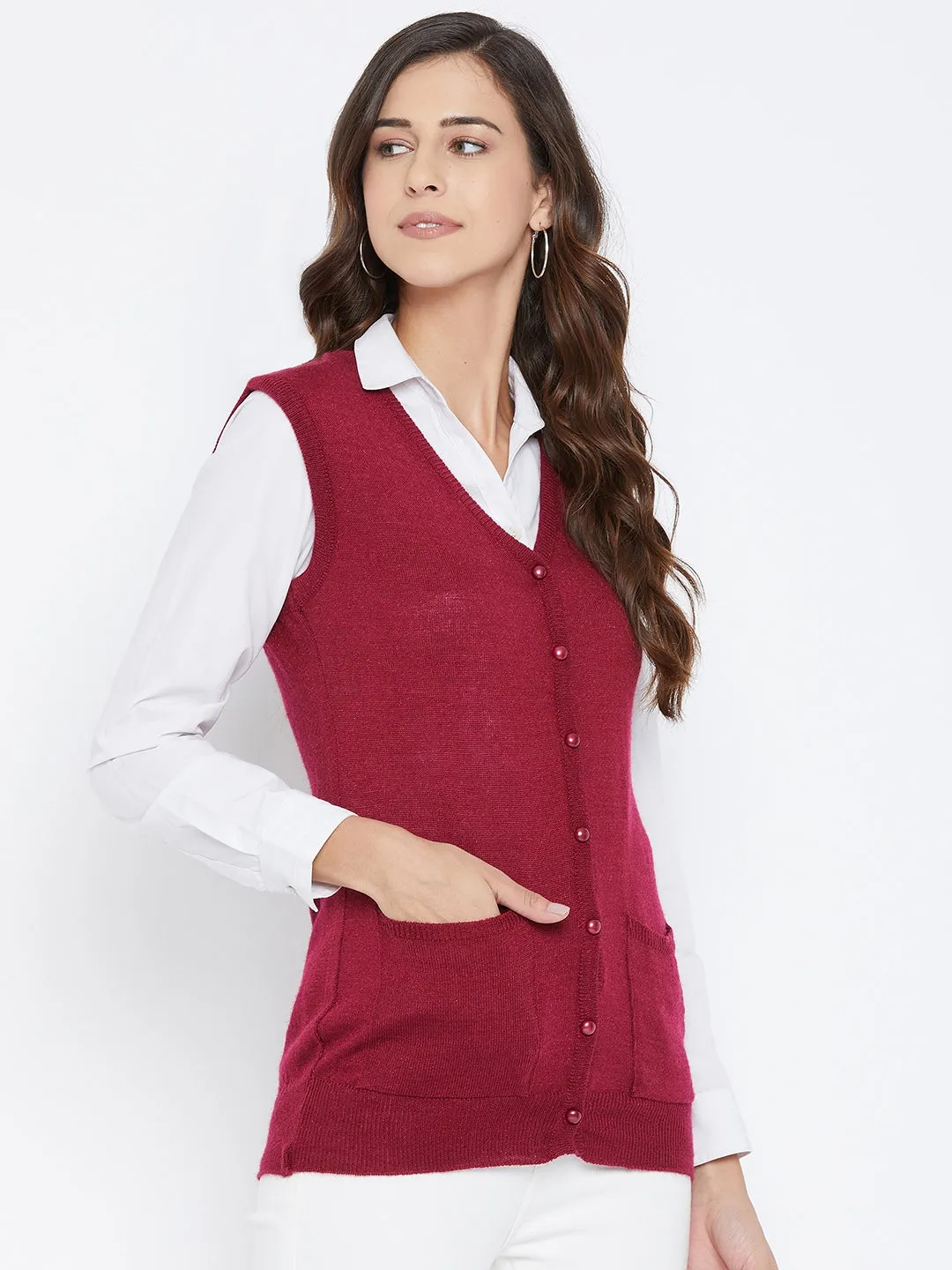 Livfree Women's V-neck Sleeveless Solid Cardigan - Wine