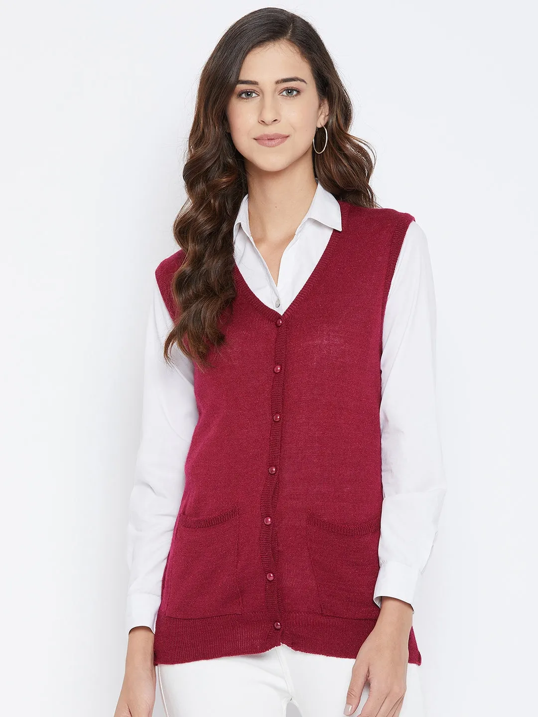 Livfree Women's V-neck Sleeveless Solid Cardigan - Wine