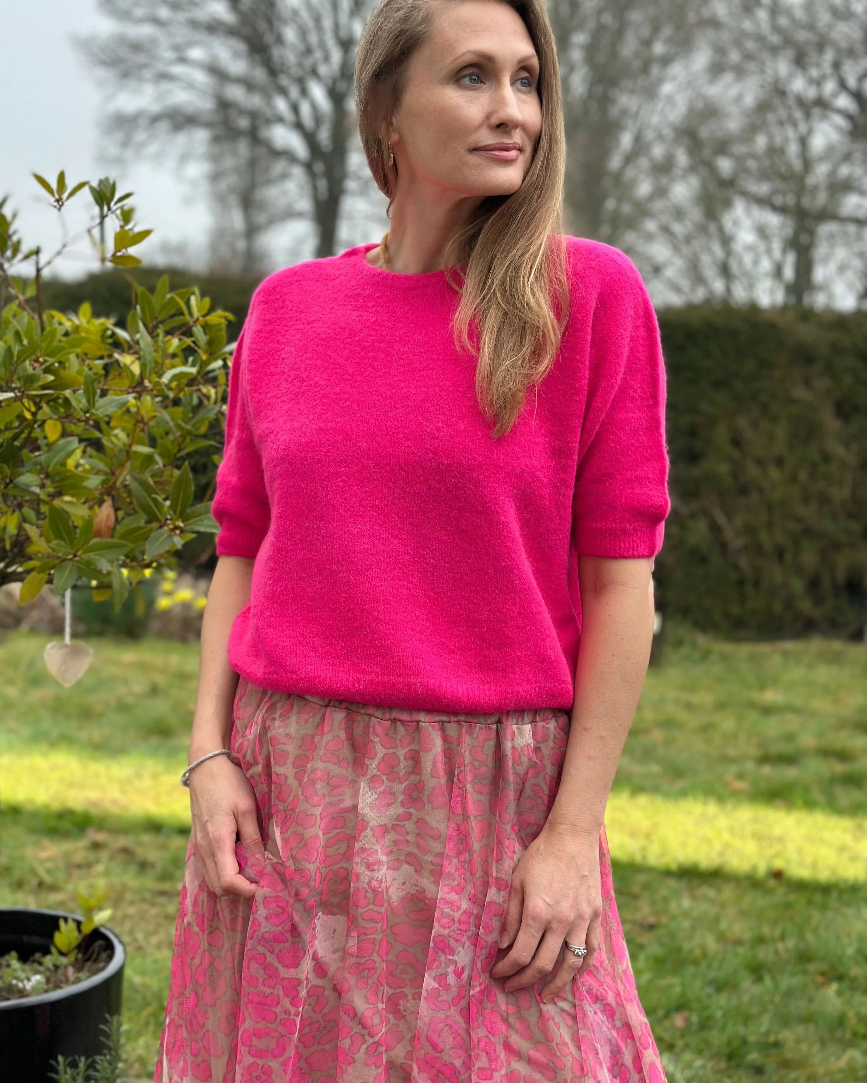 Long Pleated Tulle Skirt In Leopard Print - Pink