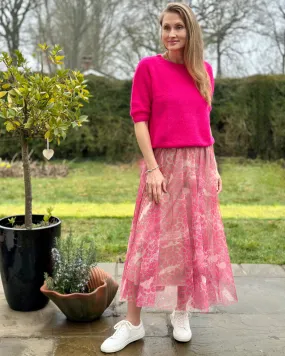 Long Pleated Tulle Skirt In Leopard Print - Pink
