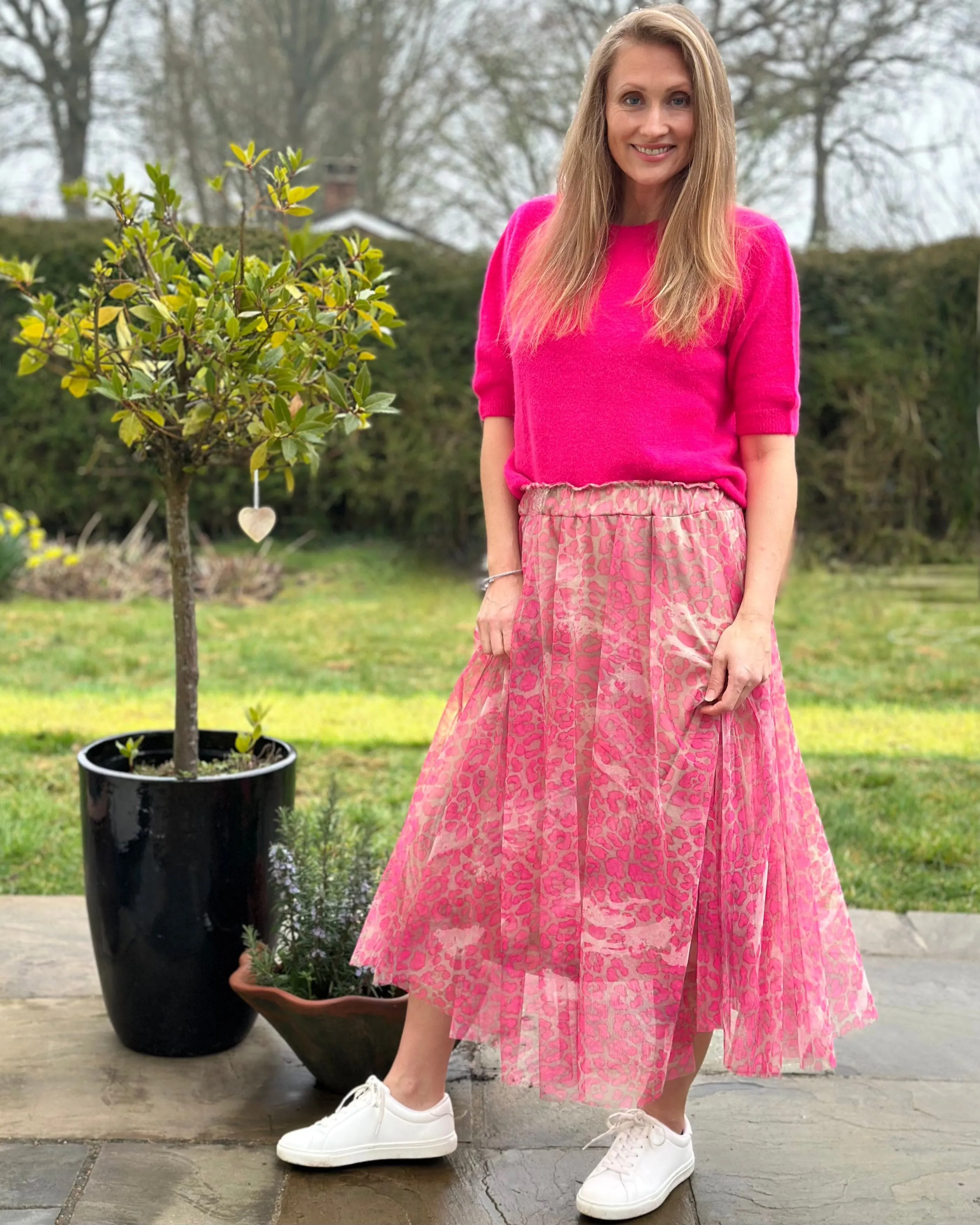 Long Pleated Tulle Skirt In Leopard Print - Pink
