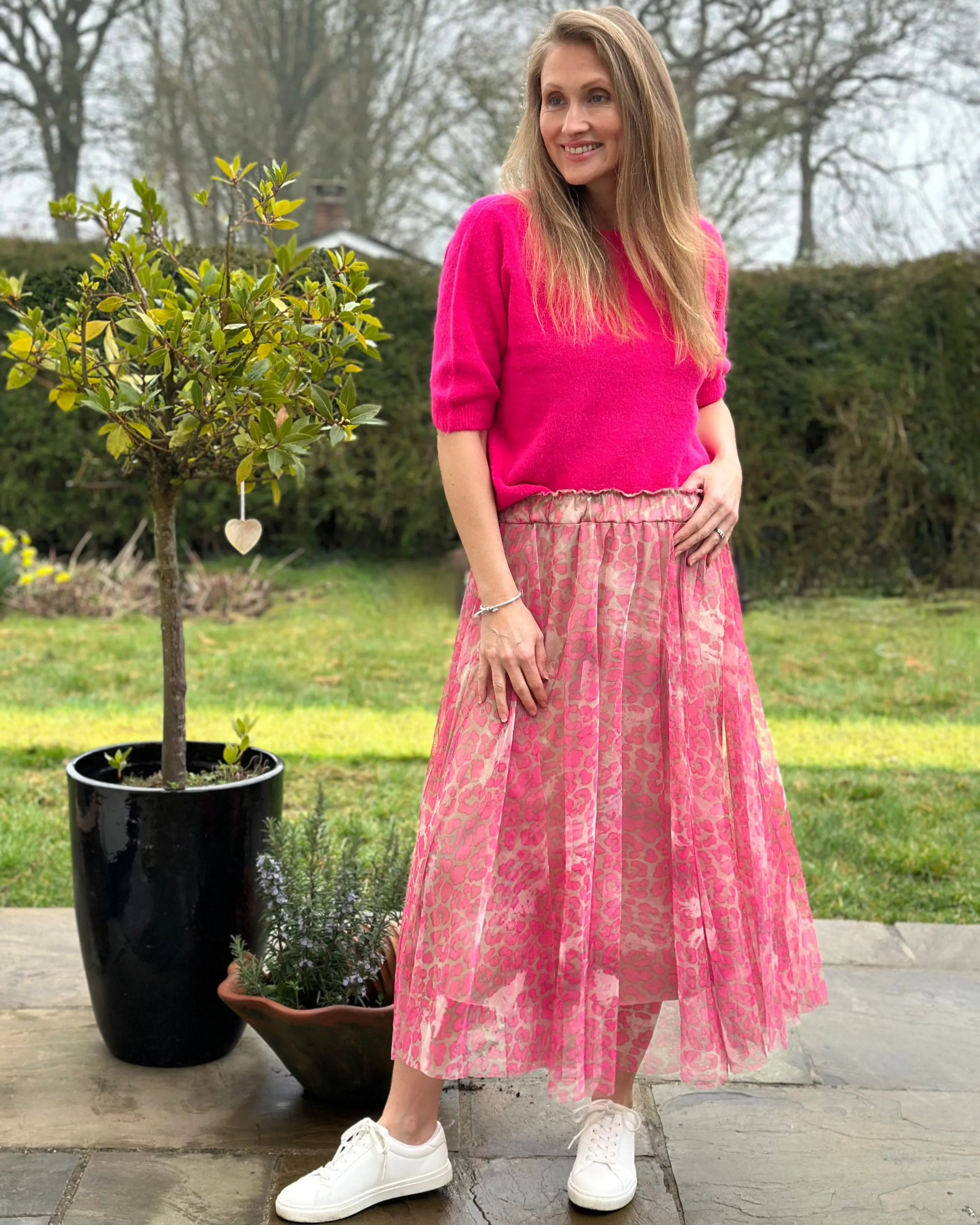 Long Pleated Tulle Skirt In Leopard Print - Pink