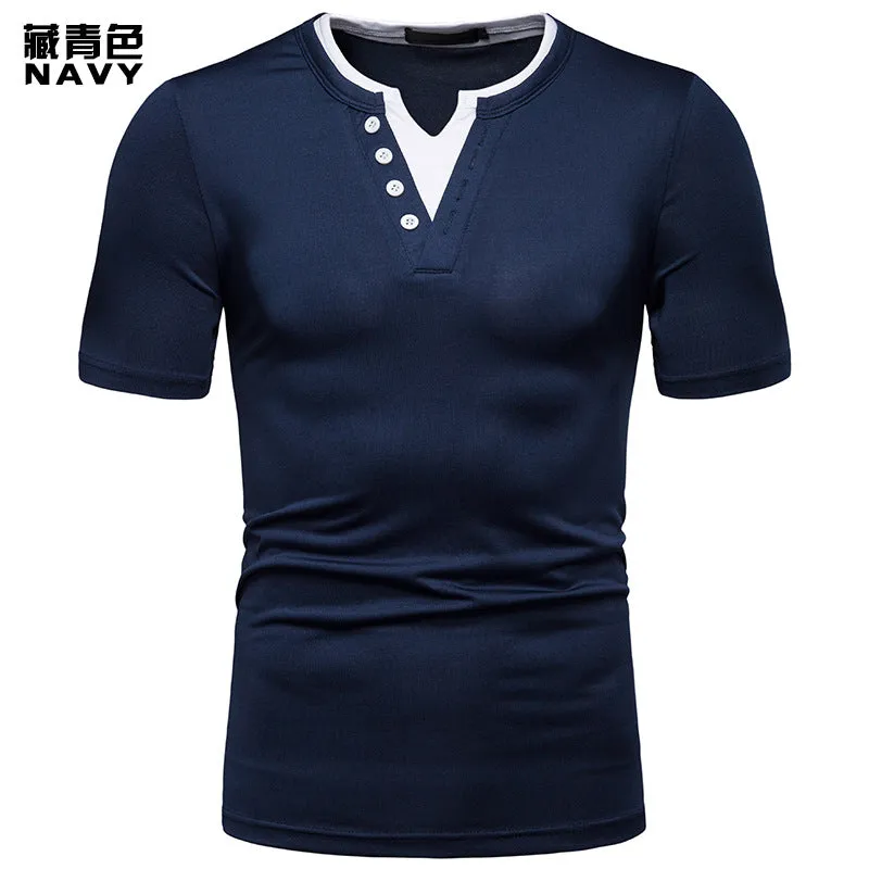 Men's Thin High Flexibility Color Block V-Neck Short Sleeves T-shirt