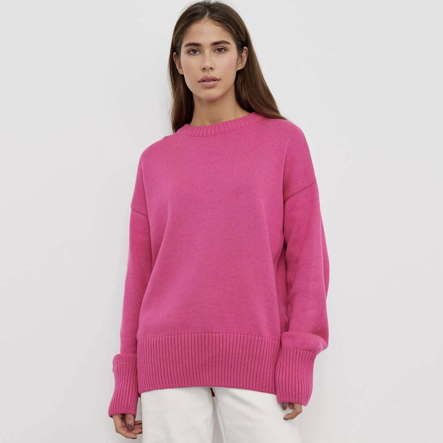 Minimalist Monochrome Crew Neck Drop Shoulder Long Sleeve Pullover Sweater