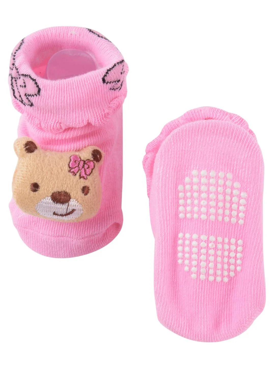 Pink Bear-Themed Socks with Ruffle Trim and Embroidered Design For Girls