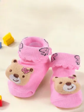 Pink Bear-Themed Socks with Ruffle Trim and Embroidered Design For Girls