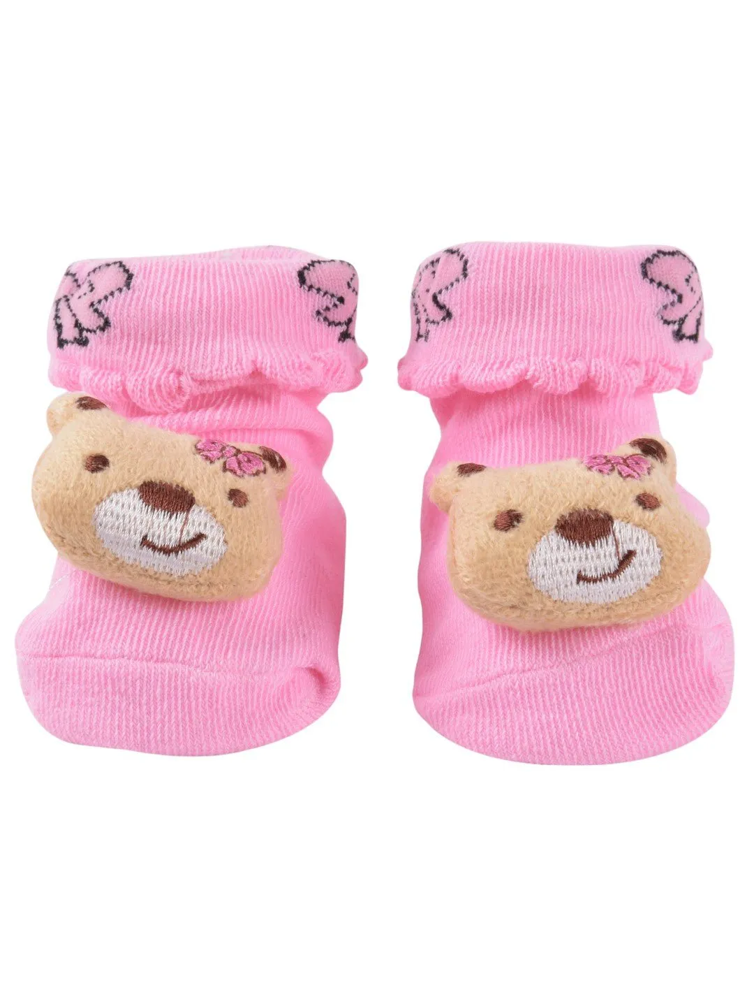 Pink Bear-Themed Socks with Ruffle Trim and Embroidered Design For Girls