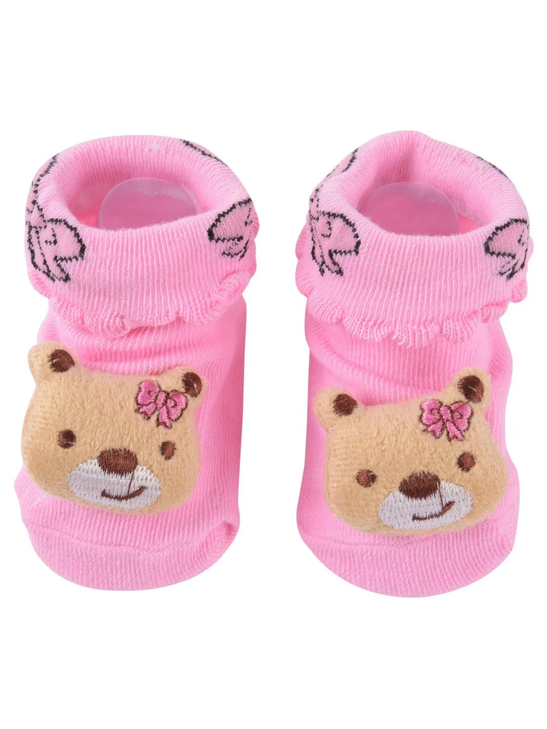 Pink Bear-Themed Socks with Ruffle Trim and Embroidered Design For Girls