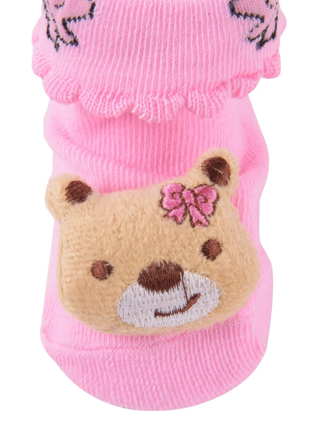 Pink Bear-Themed Socks with Ruffle Trim and Embroidered Design For Girls