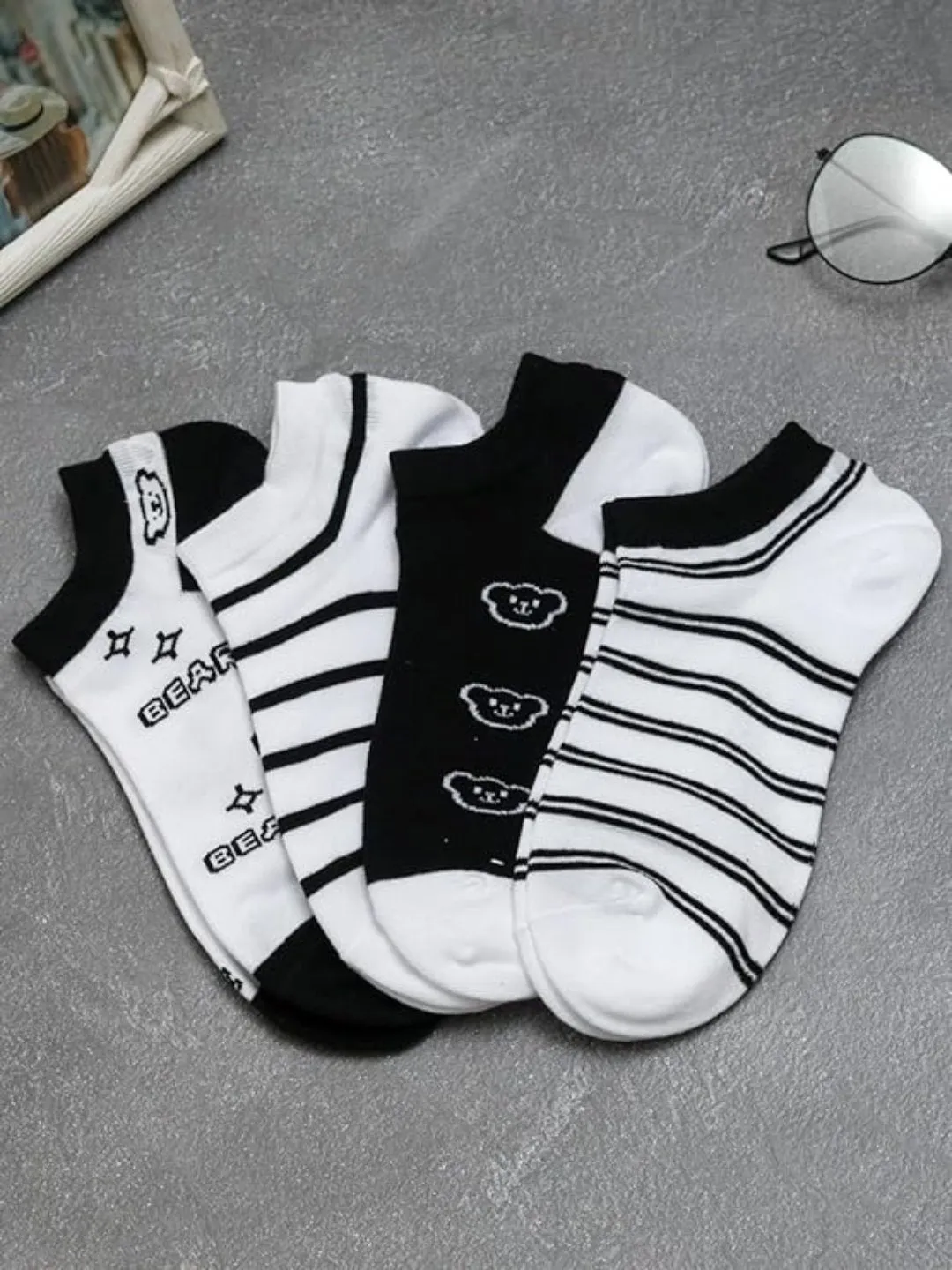 Playful Bear and Lines Design - Kids' Ankle-Length Socks in Black and White