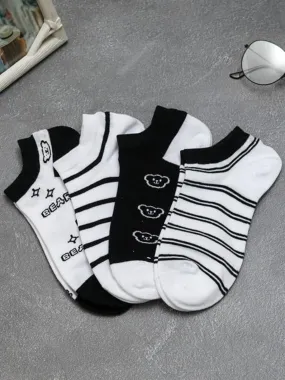 Playful Bear and Lines Design - Kids' Ankle-Length Socks in Black and White