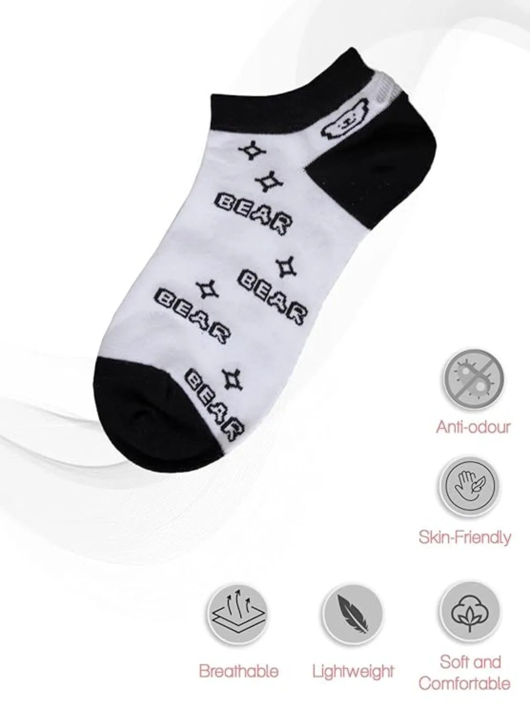 Playful Bear and Lines Design - Kids' Ankle-Length Socks in Black and White