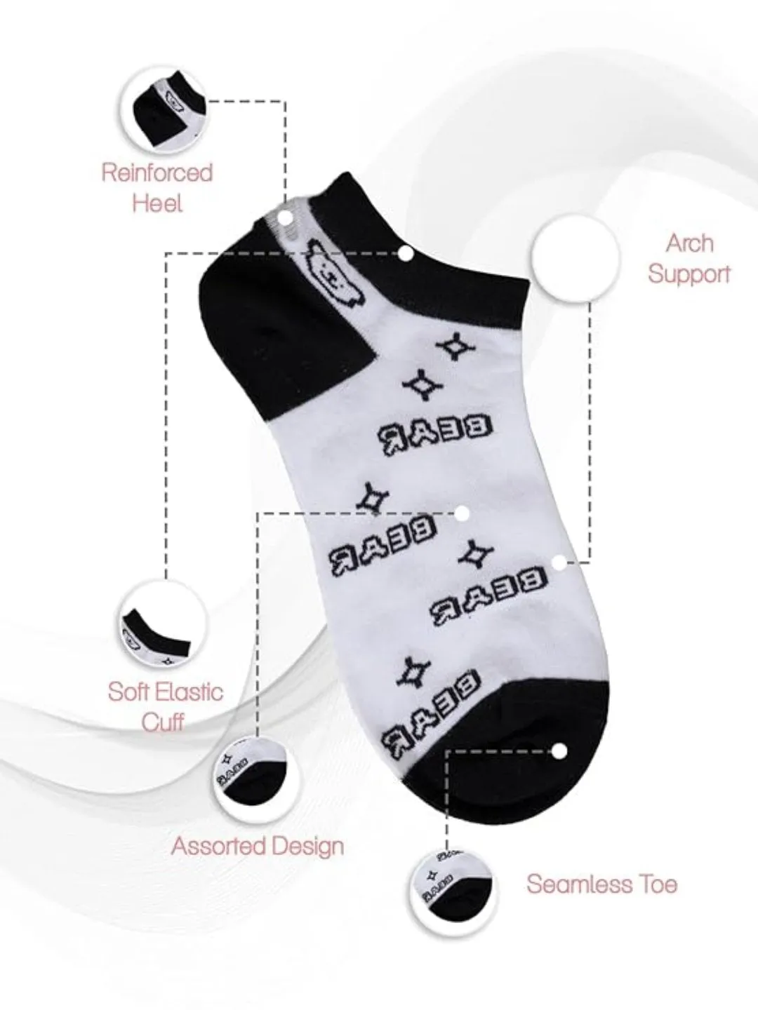 Playful Bear and Lines Design - Kids' Ankle-Length Socks in Black and White