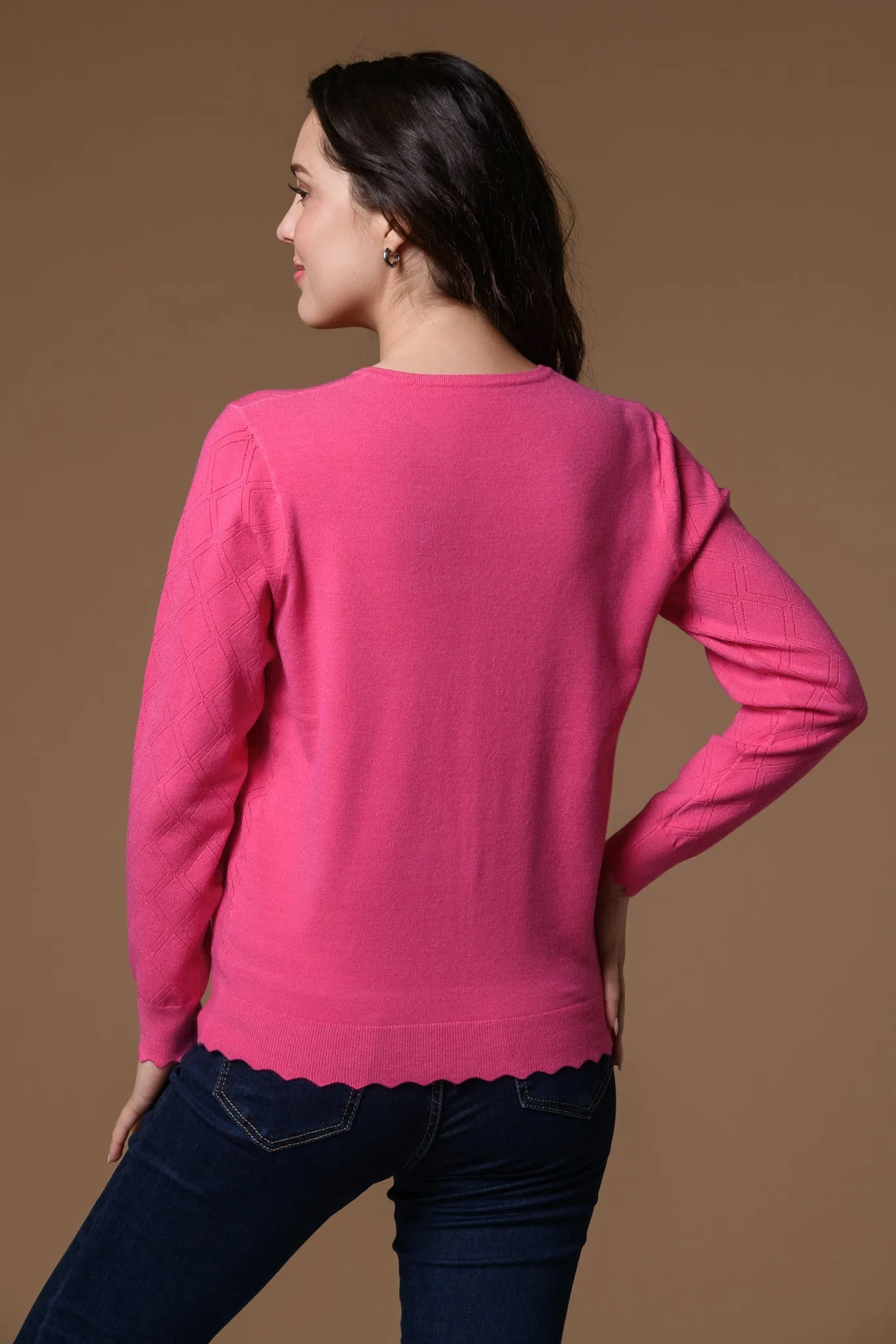Pointelle Scallop Hem Cardi- Magenta
