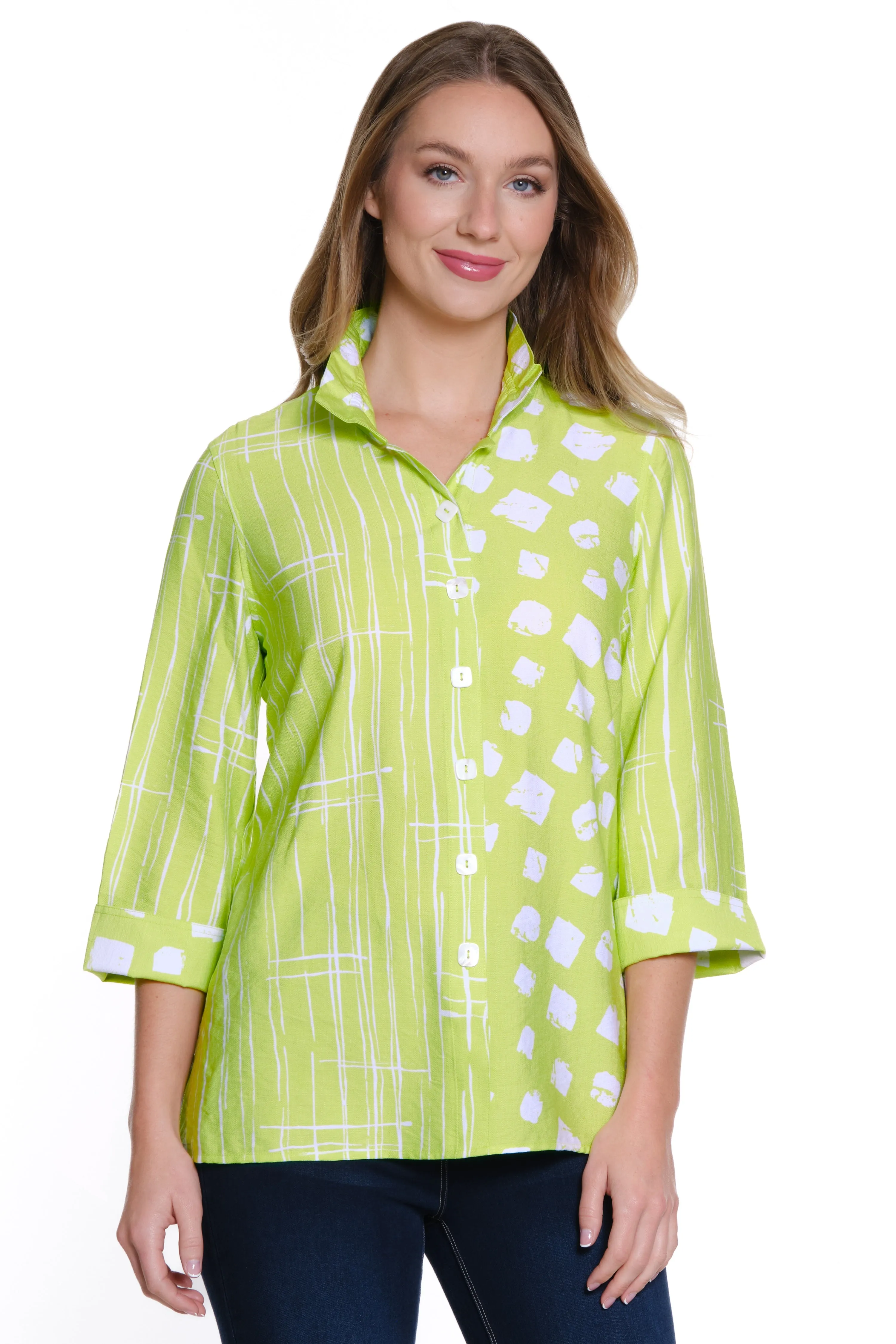 Printed Woven Button Front Shirt - Women's - Soft Lime