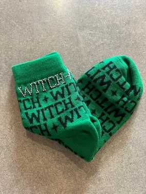 QOS O/S Green & Black Witch Rhinestone Socks